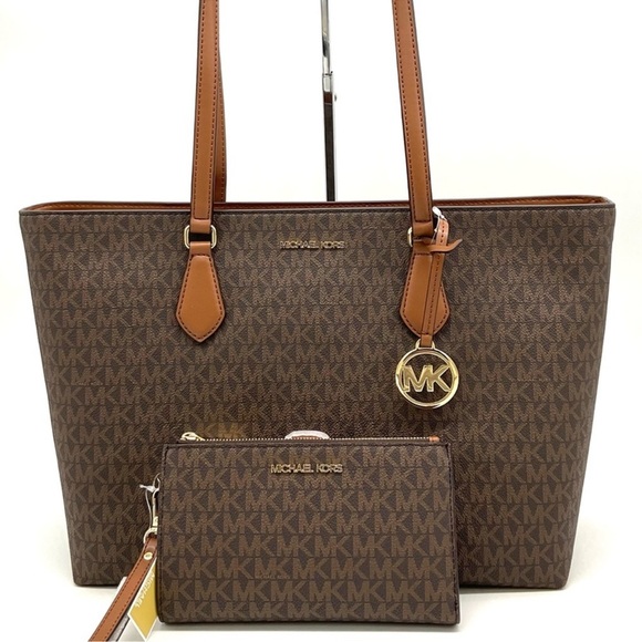 Michael Kors Bag Large Sheila Mf Tote Bag & Large Double Zip Wallet Brown/Gold - Picture 3 of 14
